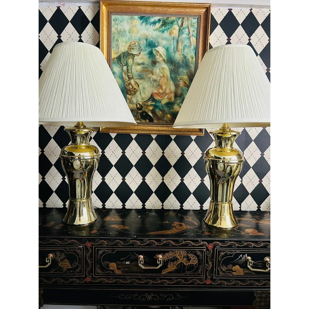 Pair Gold Tone Metal Table Lamps Polished Pedestal Vintage Lighting
